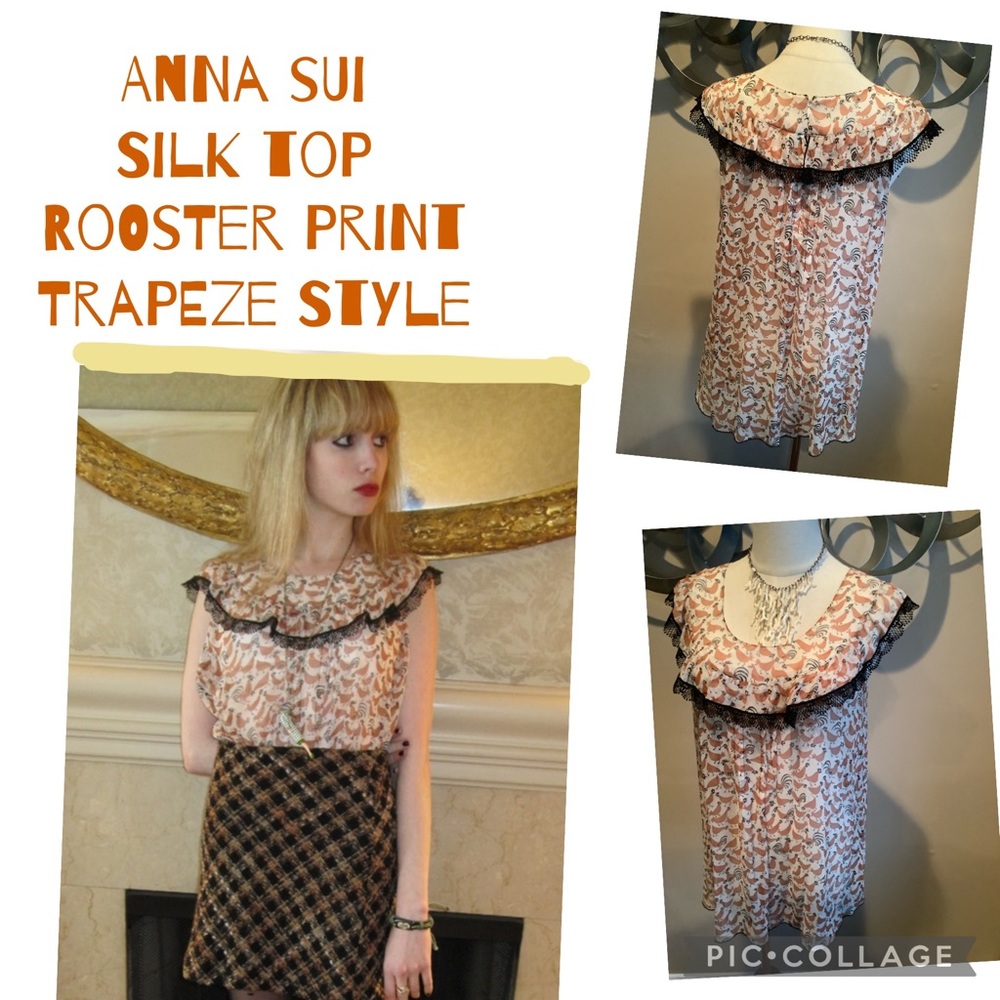 Anna Sui Rooster Print Silk Trapeze Style Top